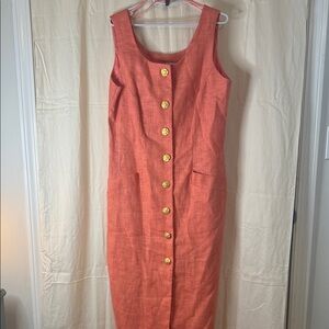 Sleeveless Coral Midi Dress with Gold Buttons